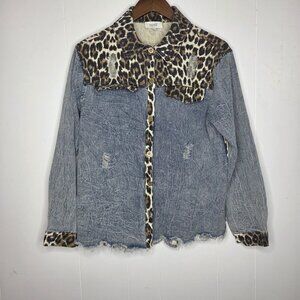Oddi Womens Denim Animal Print Distressed Frayed Blouse Size S Mob Wife Edgy